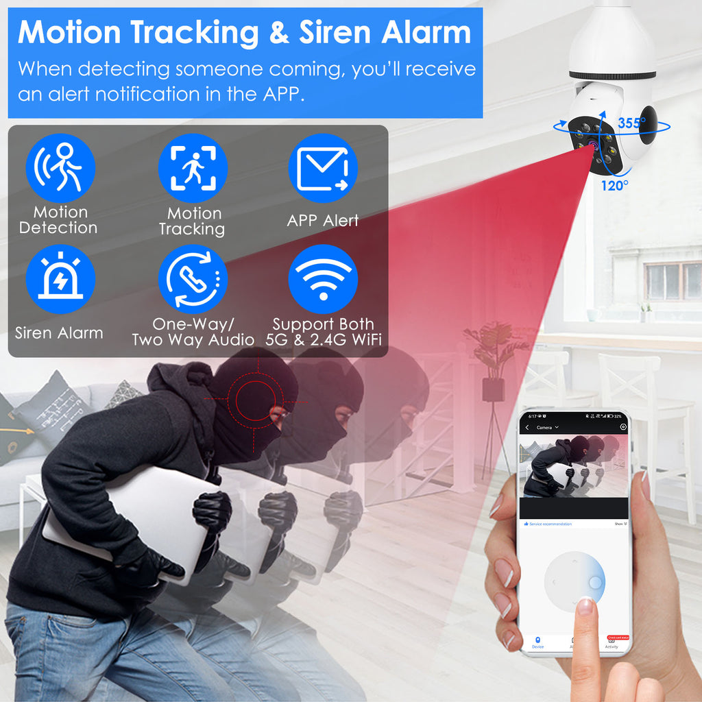 E27 WiFi bulb camera with 1080P pan‑tilt security, night vision, and two‑way audio