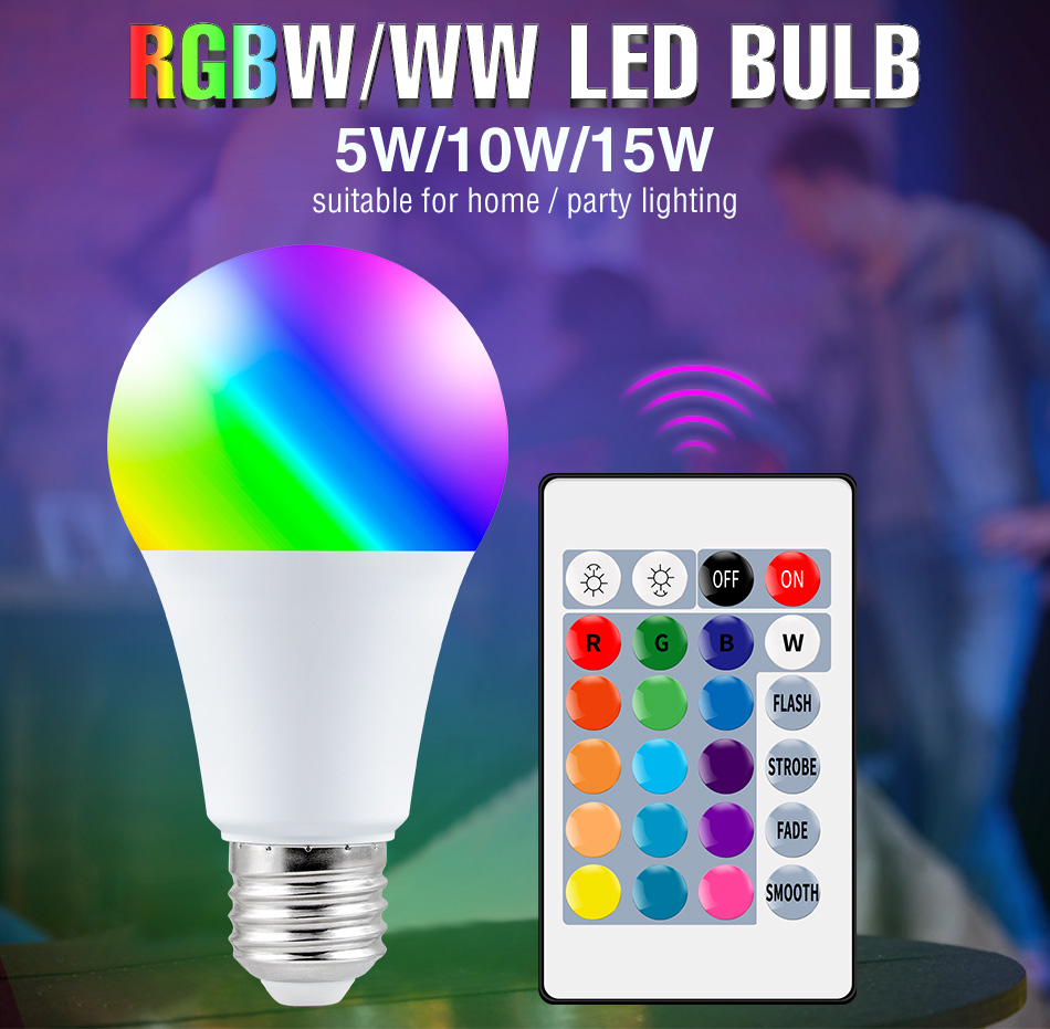 RGBW/WW LED bulb with remote control on a blurred background