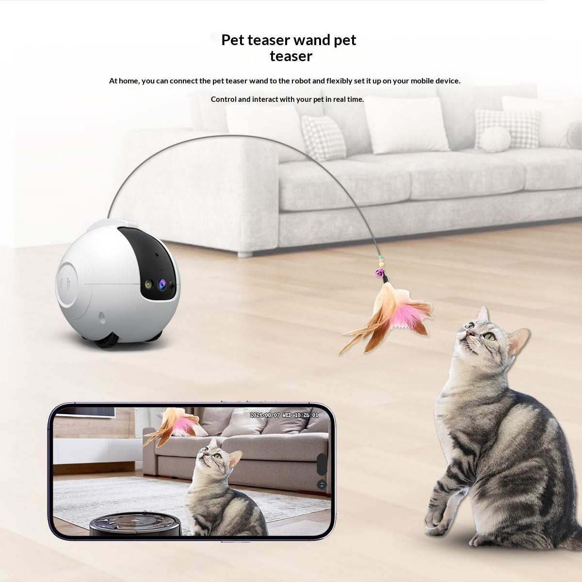 Pet teaser wand with a cat interacting with it, shown on a smartphone screen.