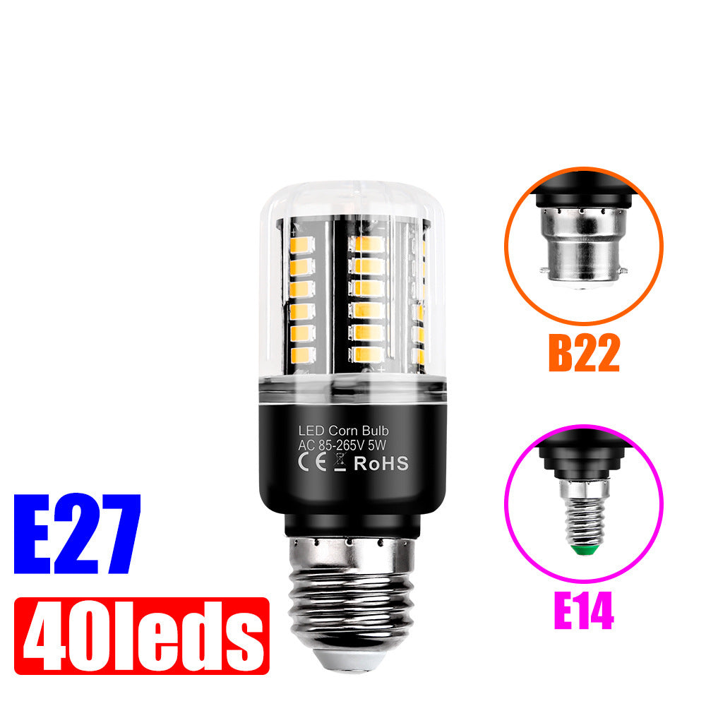 A 40LED corn bulb with a black base and clear glass top, shown on a white background with inset diagrams of B22 and E14 socket types and text reading E27 40leds.