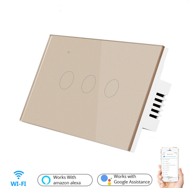 A modern three-button Wi-Fi touch panel switch in a champagne gold finish, shown with a white mounting bracket and a hand holding a smartphone displaying a smart app interface. Icons at the bottom indicate compatibility with Amazon Alexa and Google Assistant.