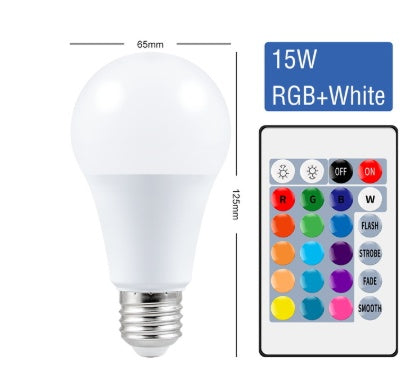 LED bulb with remote control for RGB and white light on a white background