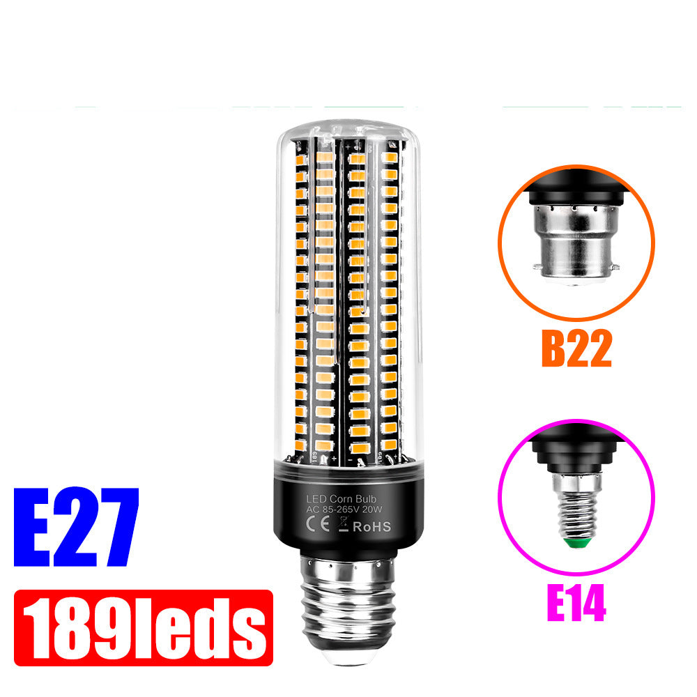 An LED corn bulb with 189 LEDs, featuring a clear glass envelope, black base, and silver screw contact. The image includes dimension callouts showing B22 and E14 socket types on the right, and text indicating E27 and 189leds on the bottom left, all on a white background.