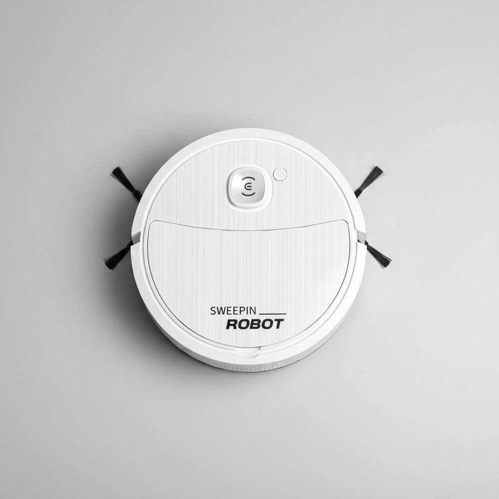 White robot vacuum cleaner with included accessories on a white background