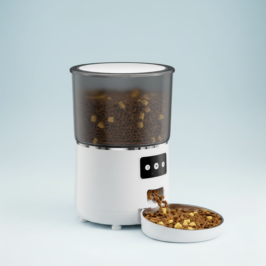 Pet food dispenser pouring kibble into a bowl on a white background