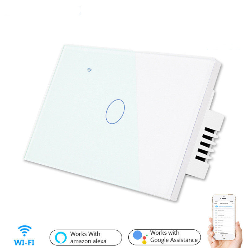 A white wireless smart wall switch panel with a glass touch screen, shown at an angle with a side connector. The image includes feature icons for Wi-Fi, compatibility badges for Amazon Alexa and Google Assistant, and a hand holding a smartphone displaying the app interface.