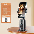 Phone holder with smartphone displaying a face on a beige background