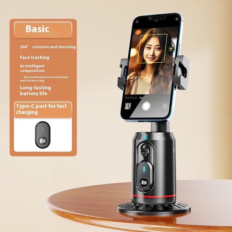 Phone holder with smartphone displaying a face on a beige background