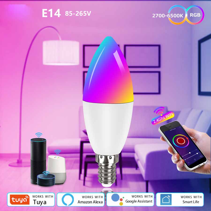Smart light bulb with color-changing feature in a living room setting, showing compatibility with various smart home platforms.