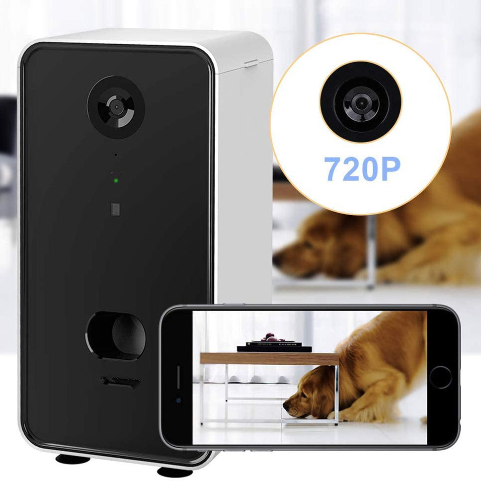 Pet camera with smartphone app showing a dog, labeled 720P.