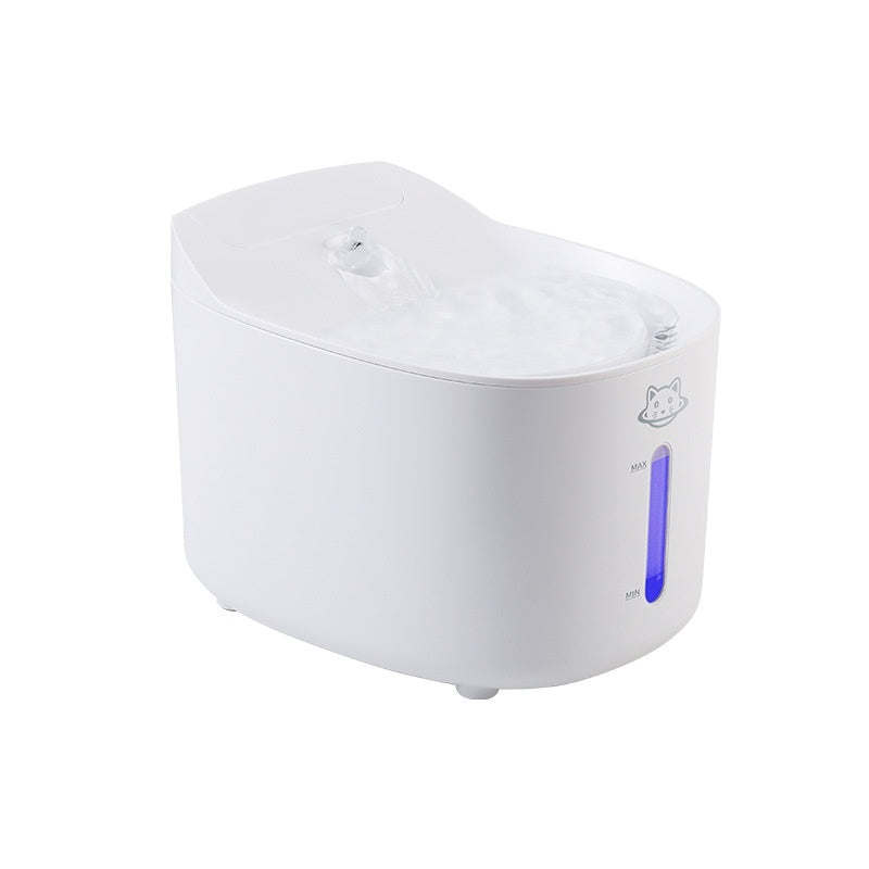 White pet water fountain with a blue light on a white background