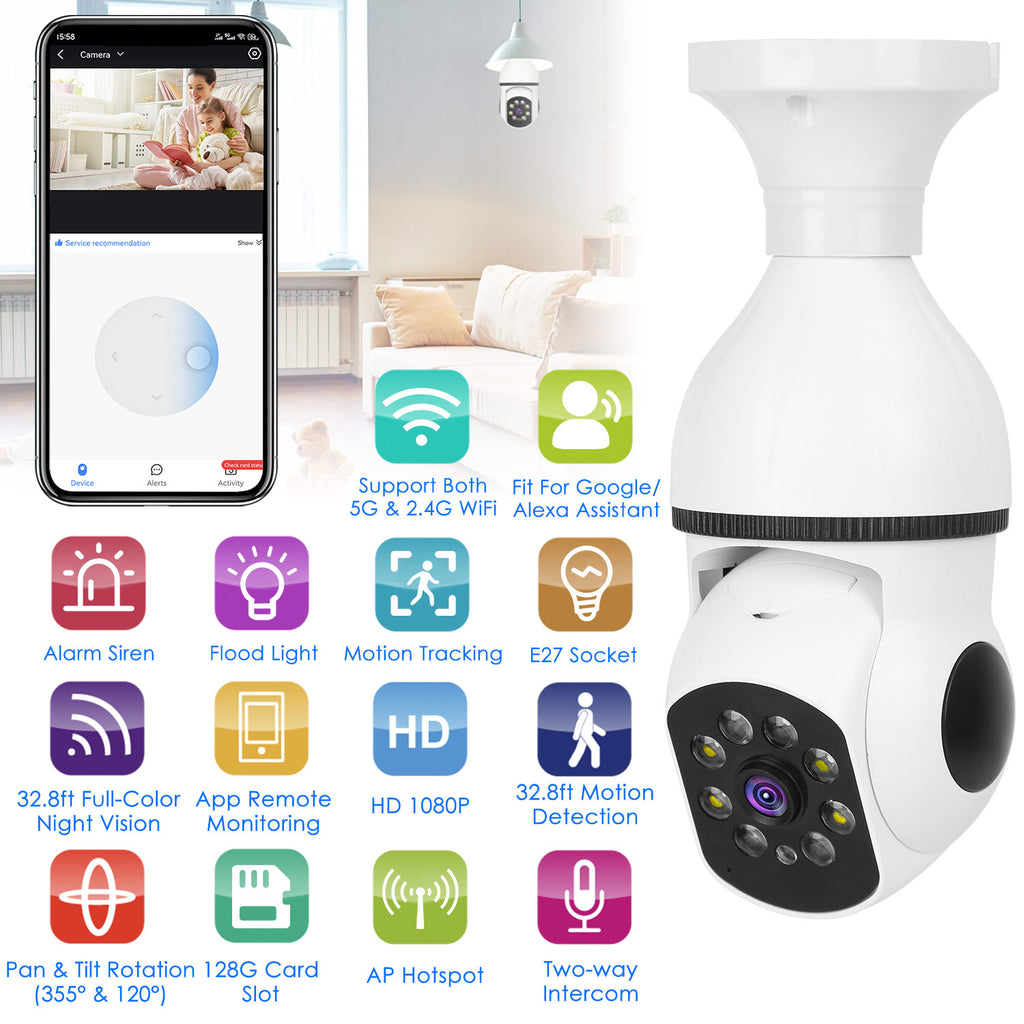 E27 WiFi bulb camera with 1080P pan‑tilt security, night vision, and two‑way audio