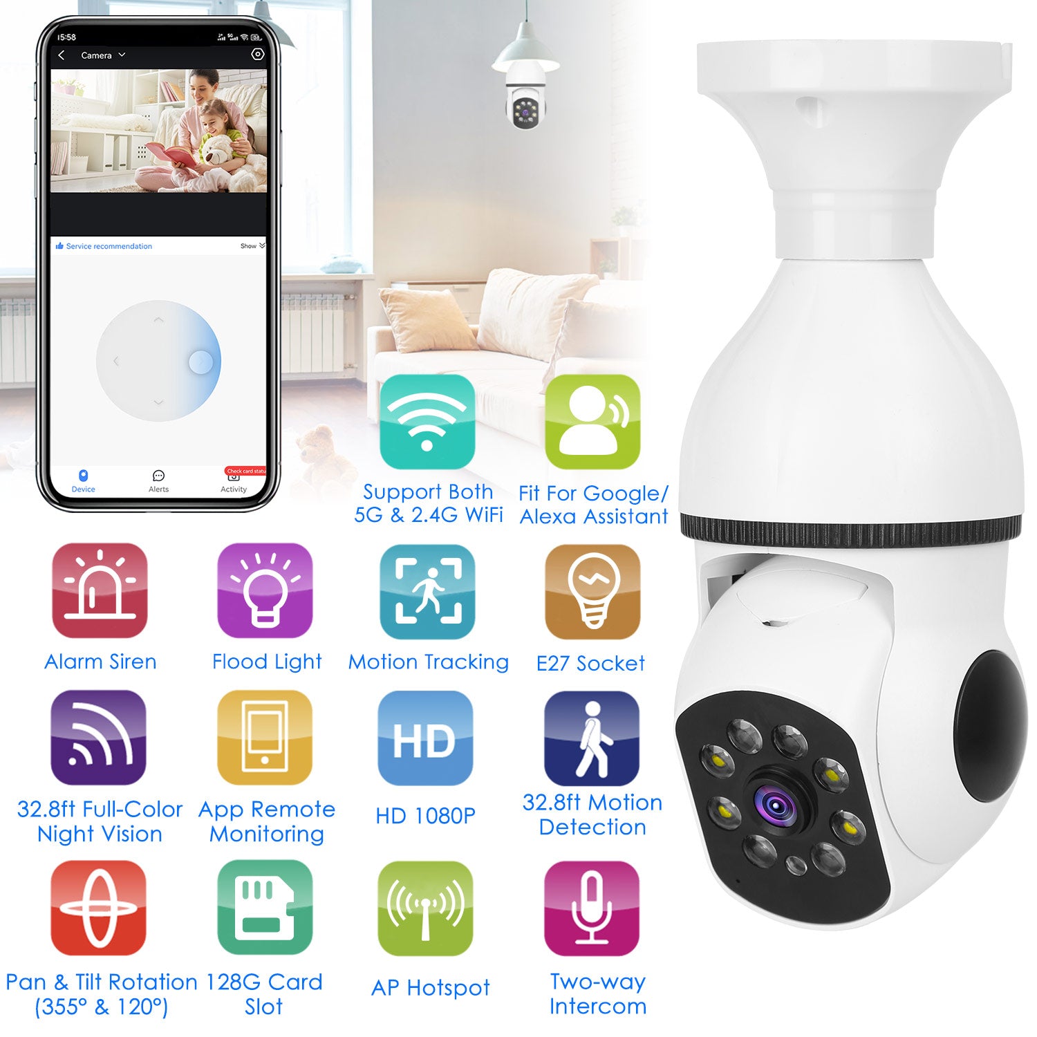 E27 WiFi bulb camera with 1080P pan‑tilt security, night vision, and two‑way audio