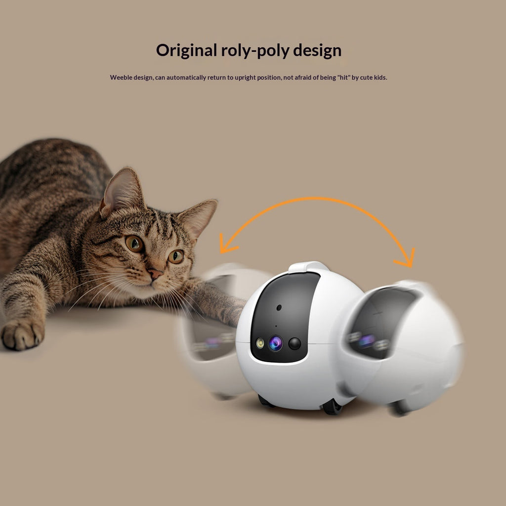 Cat interacting with a robot toy resembling a roly-poly design on a beige background.
