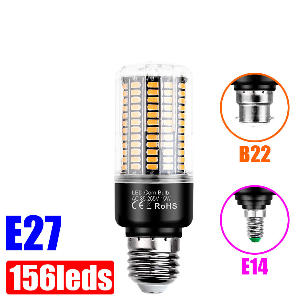 An LED corn bulb with 156 LEDs, featuring a clear glass envelope, a black printed base, and a silver E27 screw base. The image includes circular insets showing the B22 and E14 contact types, with text overlays indicating 'E27' and '156leds'.