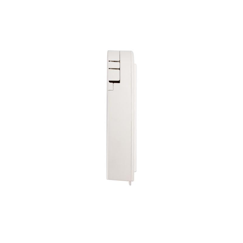 A slim, minimalist white wall-mounted electronic control panel with three rectangular buttons on the upper section, shown against a solid white background.