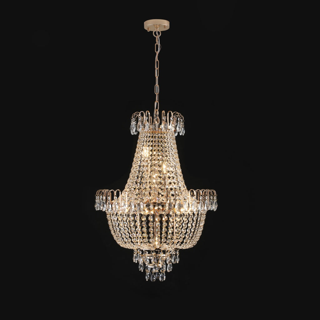 Crystal chandelier against a black background