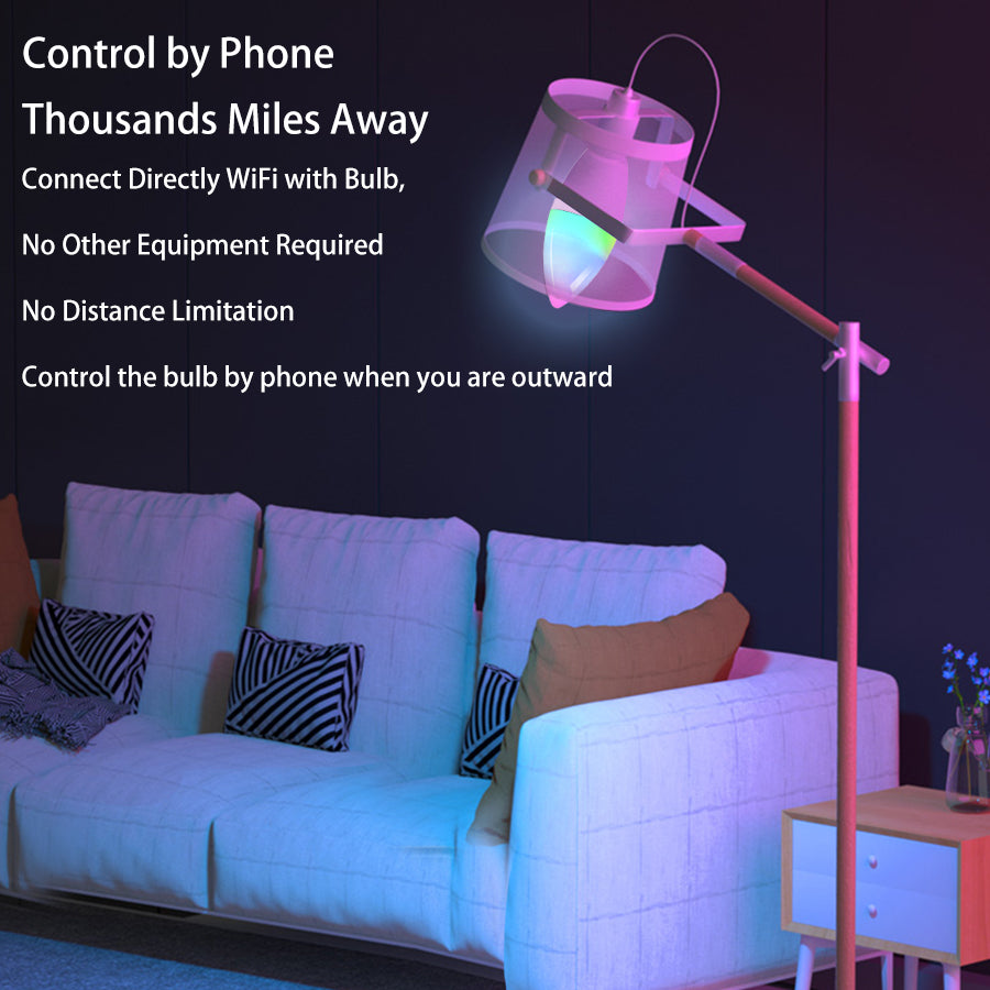 Smart lamp with control by phone feature in a living room setting