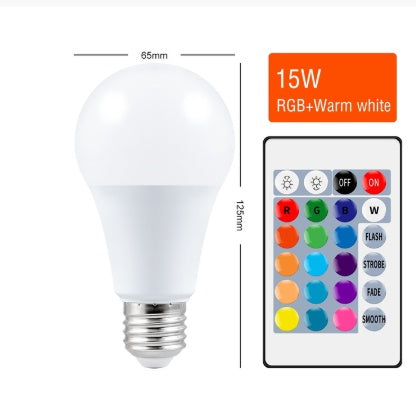 LED bulb with remote control displaying RGB+W features on a white background