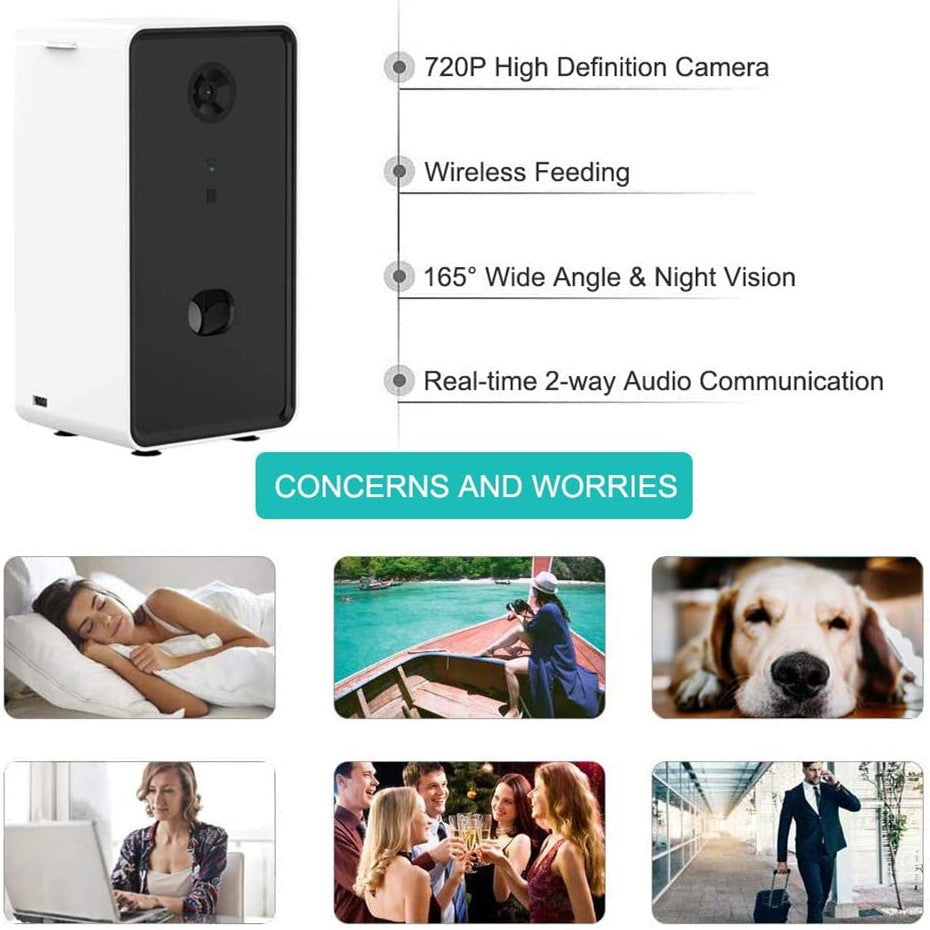 Pet camera with features listed and scenarios showing use cases.