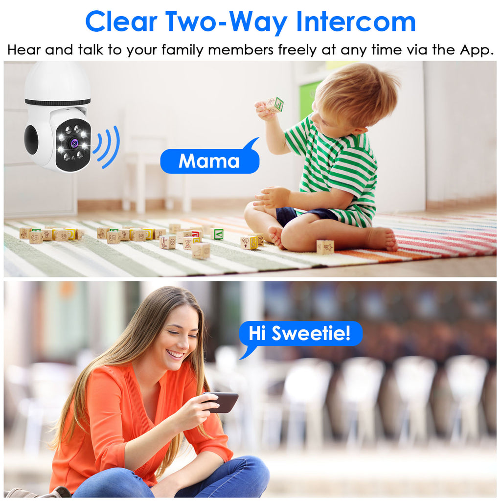 E27 WiFi bulb camera with 1080P pan‑tilt security, night vision, and two‑way audio