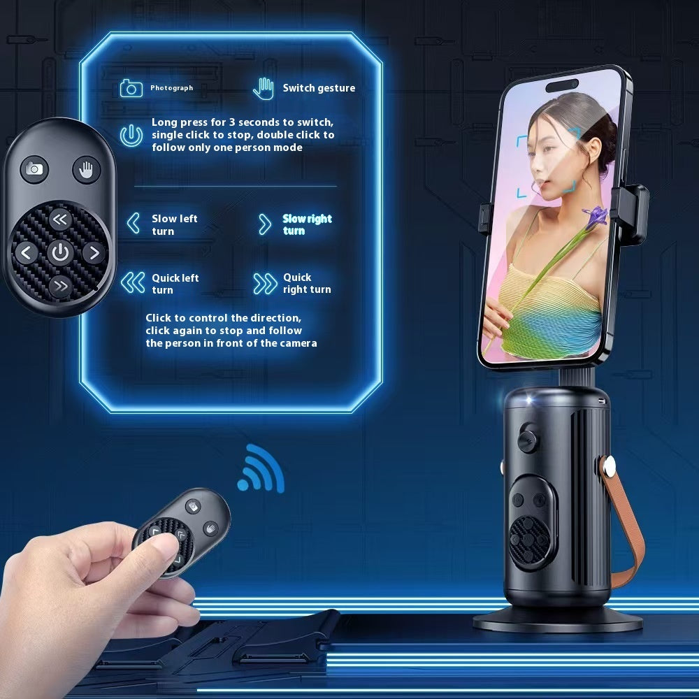 Phone holder with remote control and smartphone displaying a person on a blue background