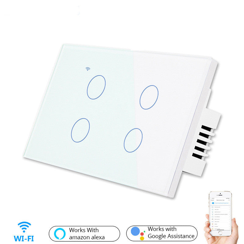 A white wireless smart touch panel switch with four circular buttons outlined in blue, shown on a white background with feature icons and a hand holding a smartphone displaying the companion app.