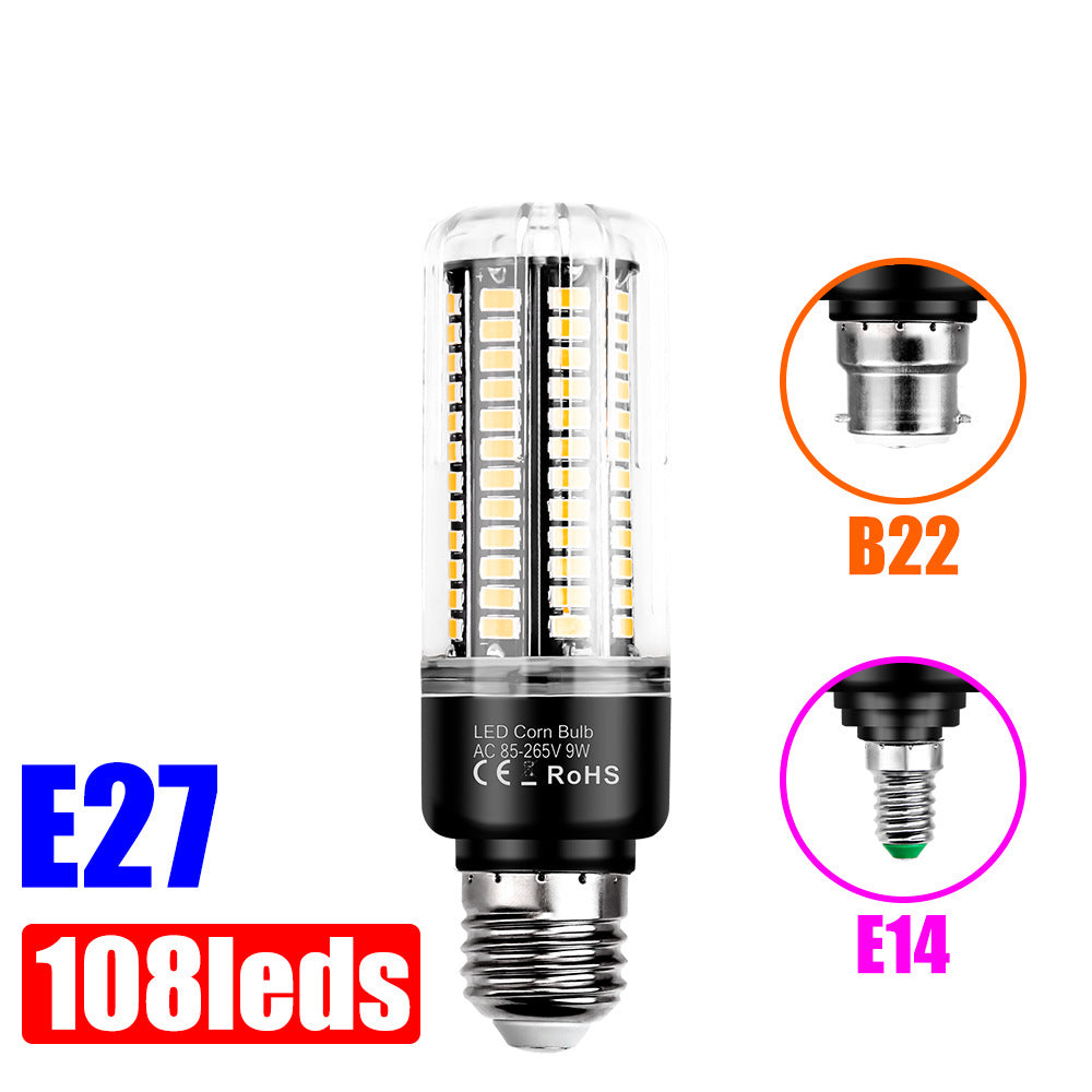 A 108 LED corn bulb with an E27 screw base, shown on a white background with inset circles indicating B22 and E14 socket types. Large text on the left reads 'E27 108leds'.