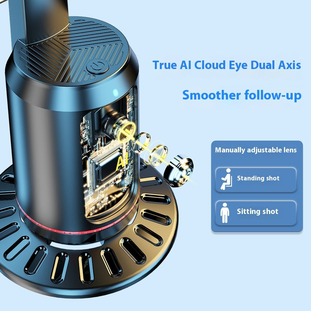 Technical diagram of a camera lens system with 'True AI Cloud Eye Dual Axis' text on a blue background.