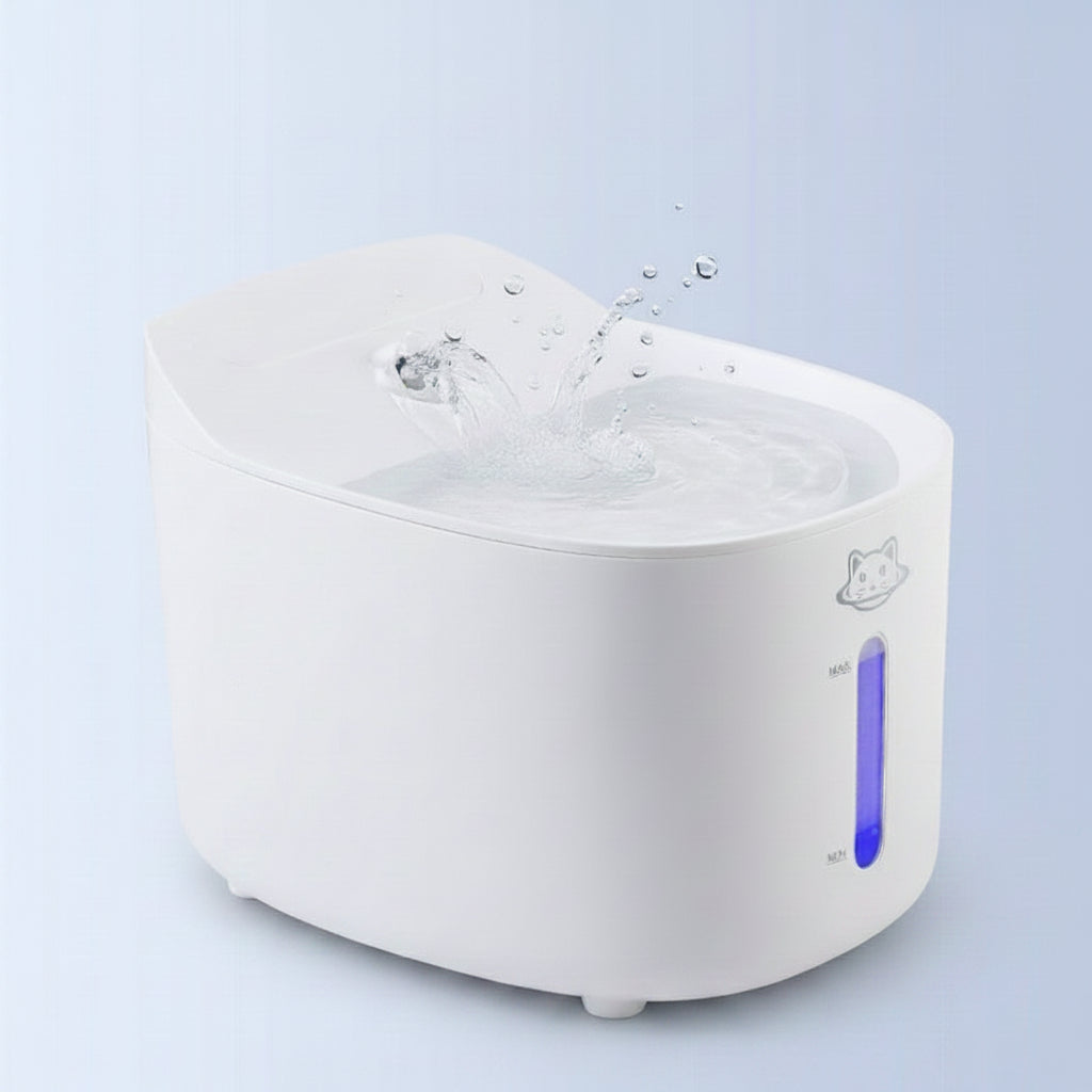 White electronic device with a blue indicator light on a light blue background