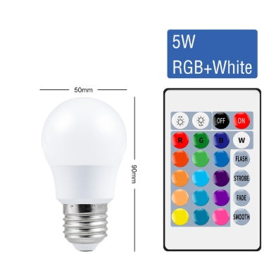 LED bulb with RGB and white light options and a remote control on a white background