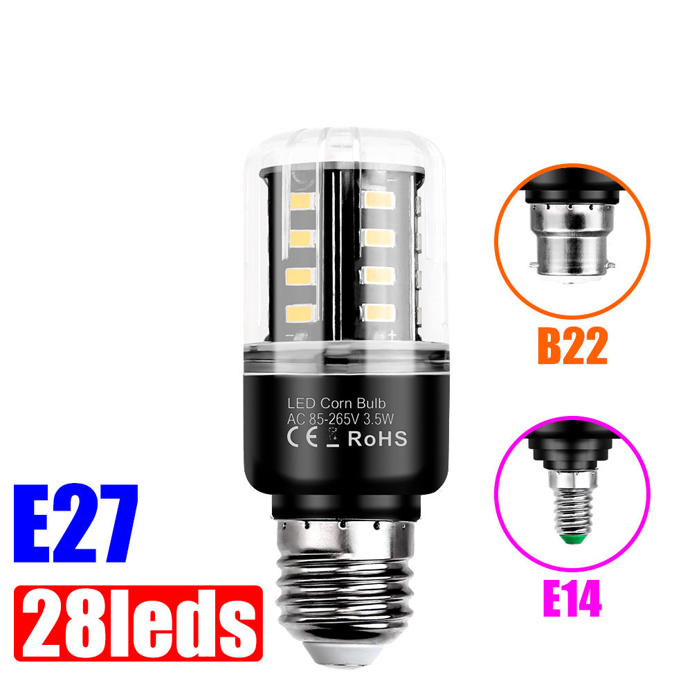 An LED corn bulb with 28 LEDs, featuring a black plastic body, clear glass cap, and a silver E27 screw base. The image includes two circular insets showing alternative base types B22 and E14, with text overlays 'E27', '28leds', 'B22', and 'E14' on a plain white background.