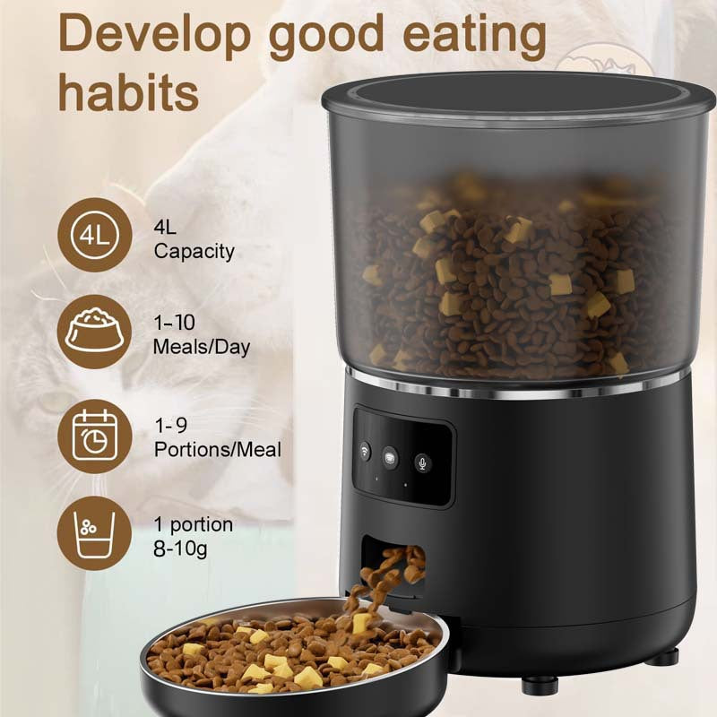 Black pet food dispenser with a bowl of pet food, showing features like capacity and portion control.