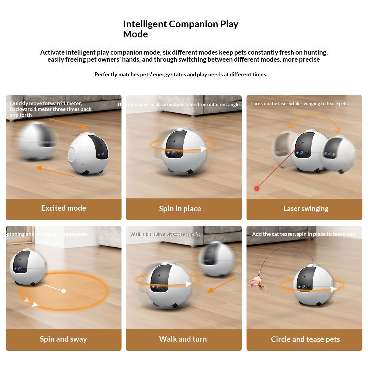 Intelligent pet toy with various modes on a wooden floor.