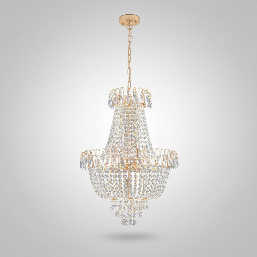 Crystal chandelier with gold accents on a white background