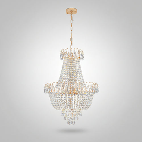 Crystal chandelier with gold accents on a white background