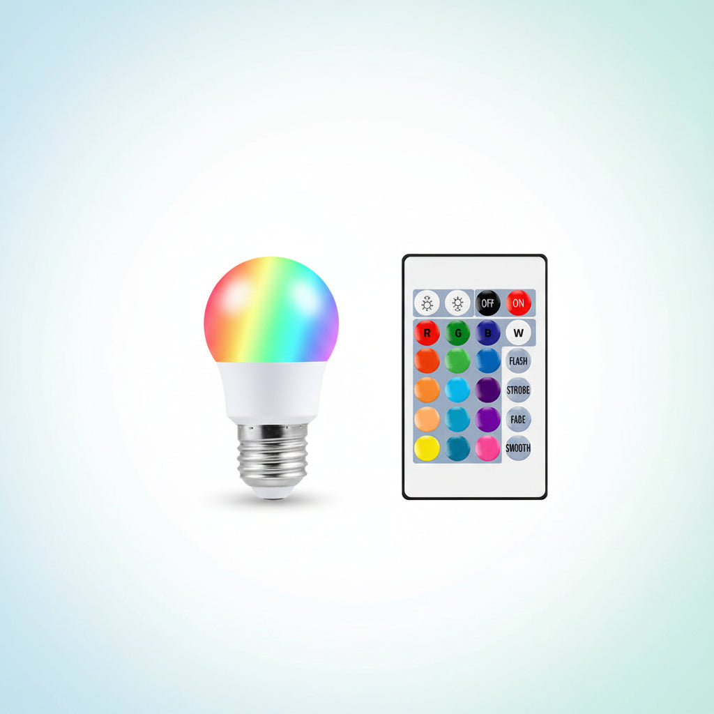 5W RGB+Warm white LED bulb with remote control and dimensions on a white background