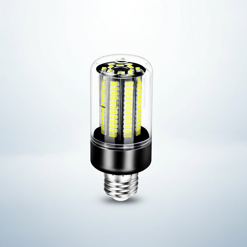 A modern LED corn bulb with a black metal base, clear glass envelope, and multiple rows of yellow LED chips visible inside, shown on a plain white background.