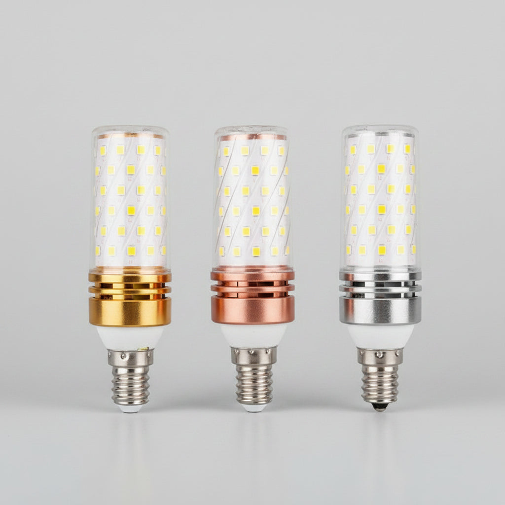 Three LED light bulbs with different colored bases on a reflective surface.