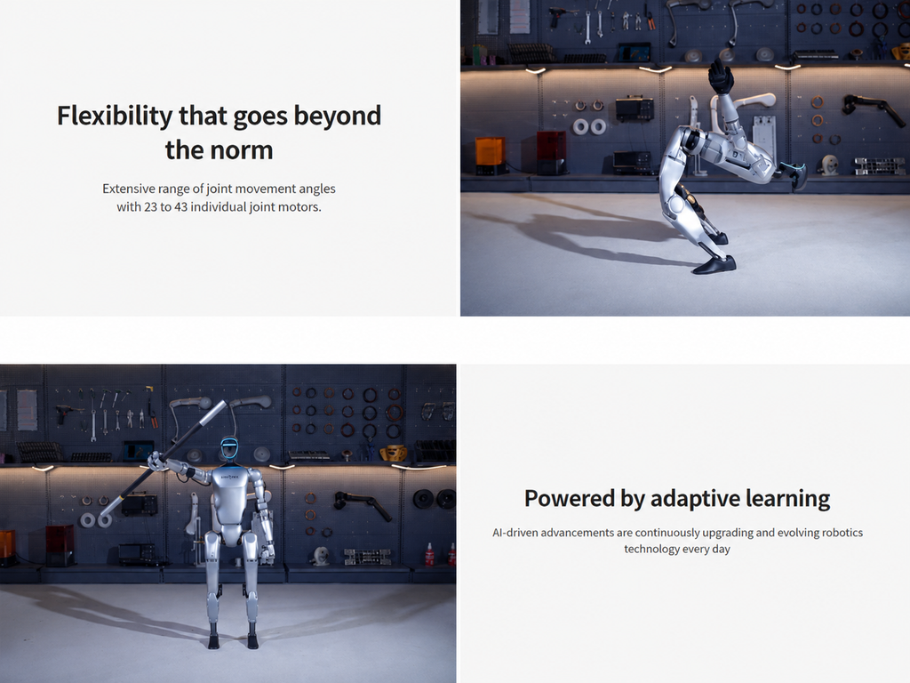 Robotic suit with text about flexibility and adaptive learning in a futuristic setting.