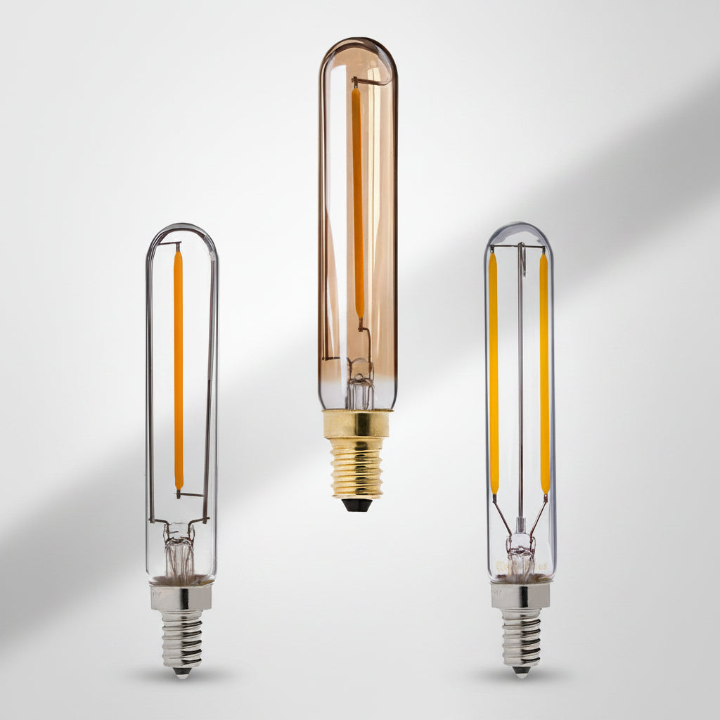 Three LED filament light bulbs on a white background