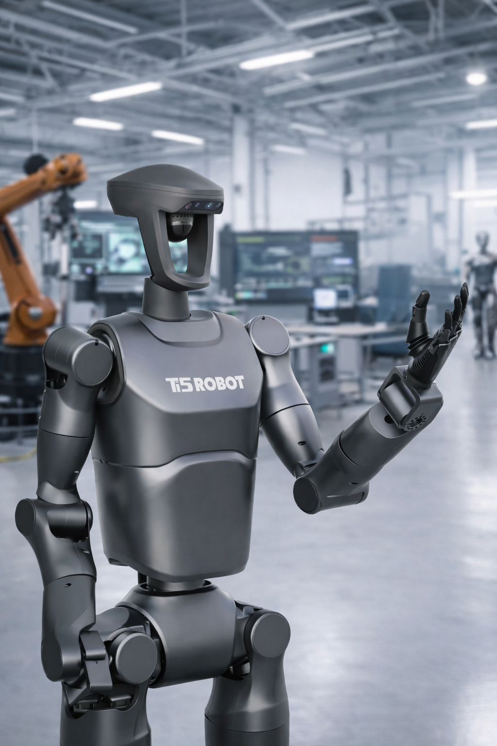 Robotic figure with 'TOS ROBOT' branding in a factory setting