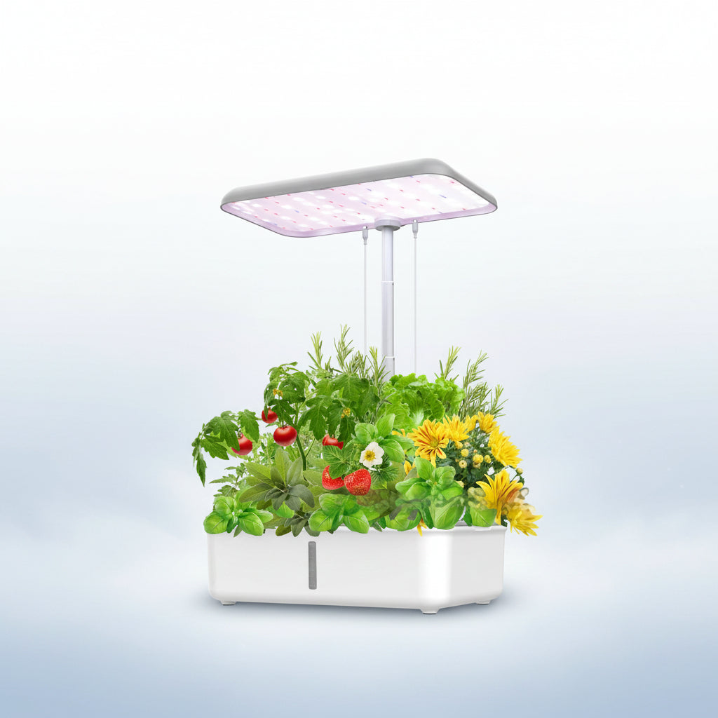 Garden box with plants and a LED grow light on a white background