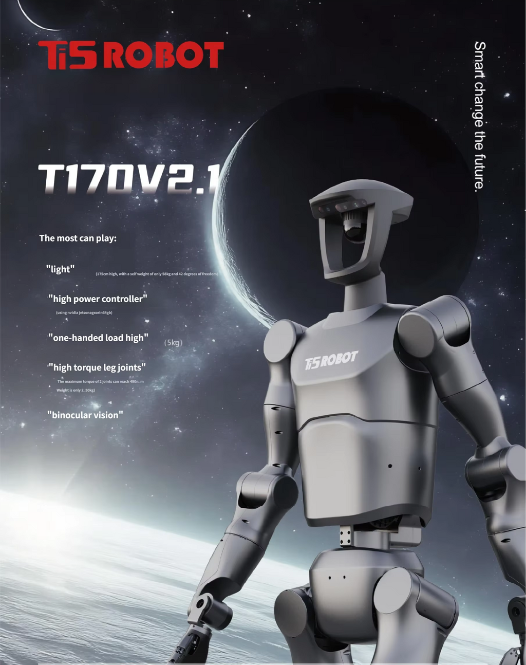 TIS Robot T170V2.1 robot on a space-themed background with text about its capabilities.