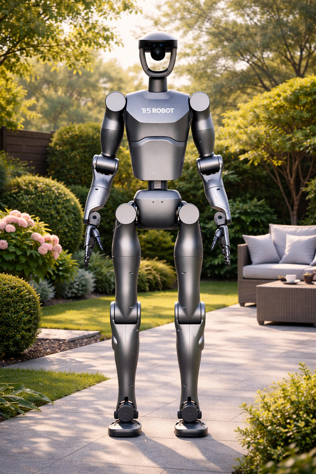 Robotic figure standing on a patio with garden and furniture in the background