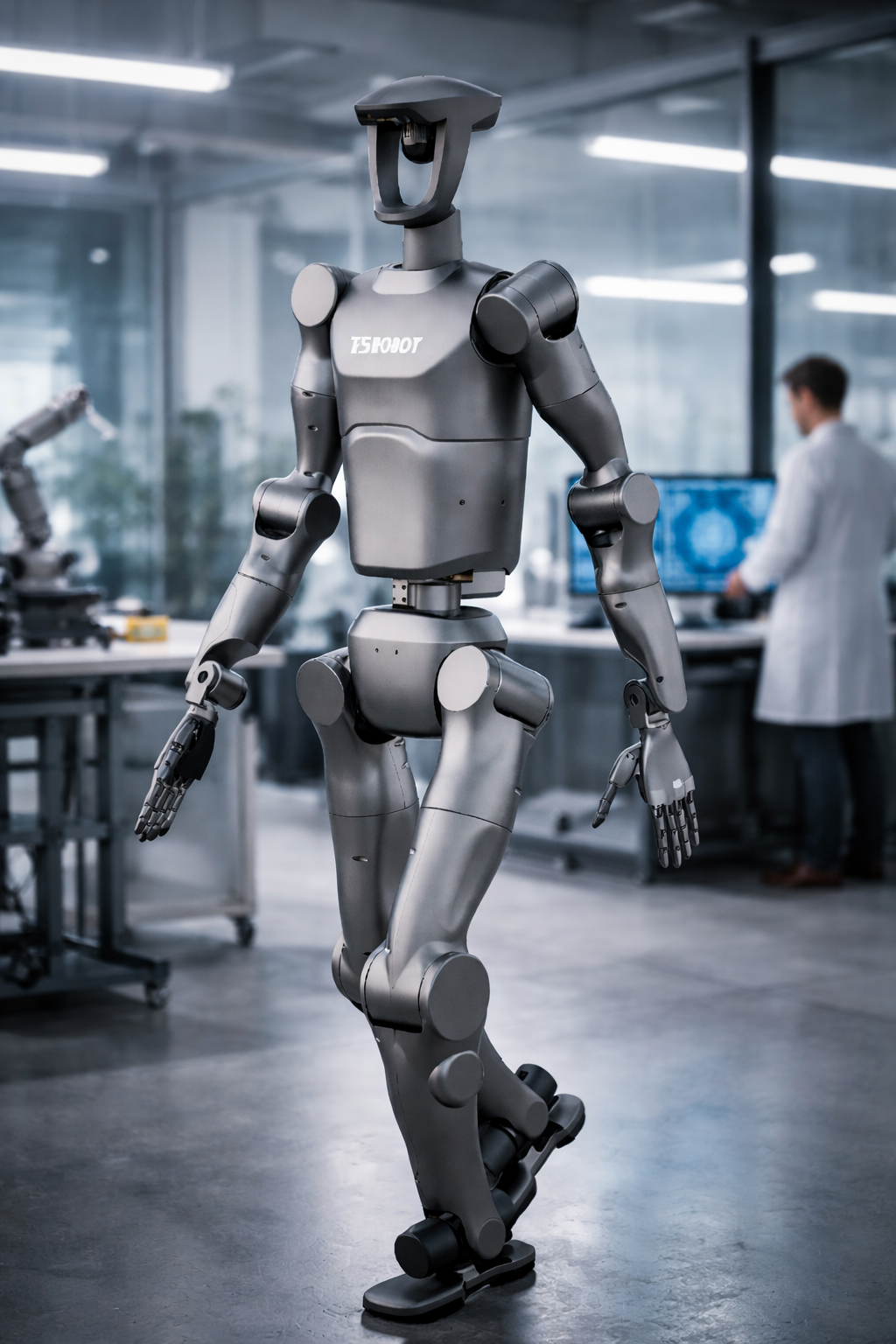 Robotic figure in a laboratory setting with a person working on a computer in the background.