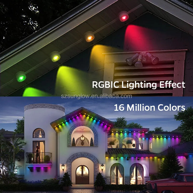 Eave lights on a home at night