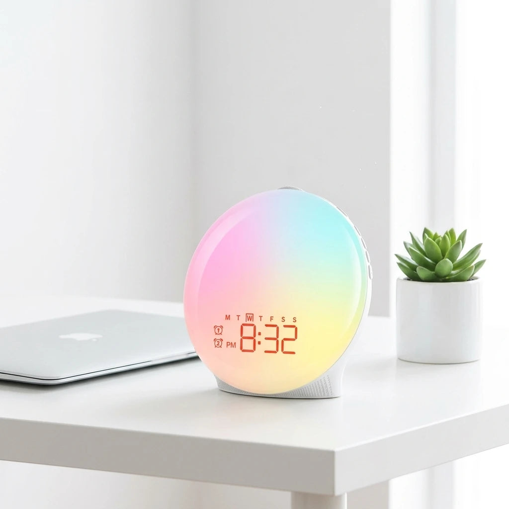 Wake-up light on a bedside table