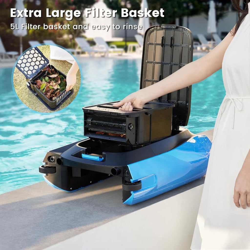 Robotic pool cleaner with extra large filter basket by a pool