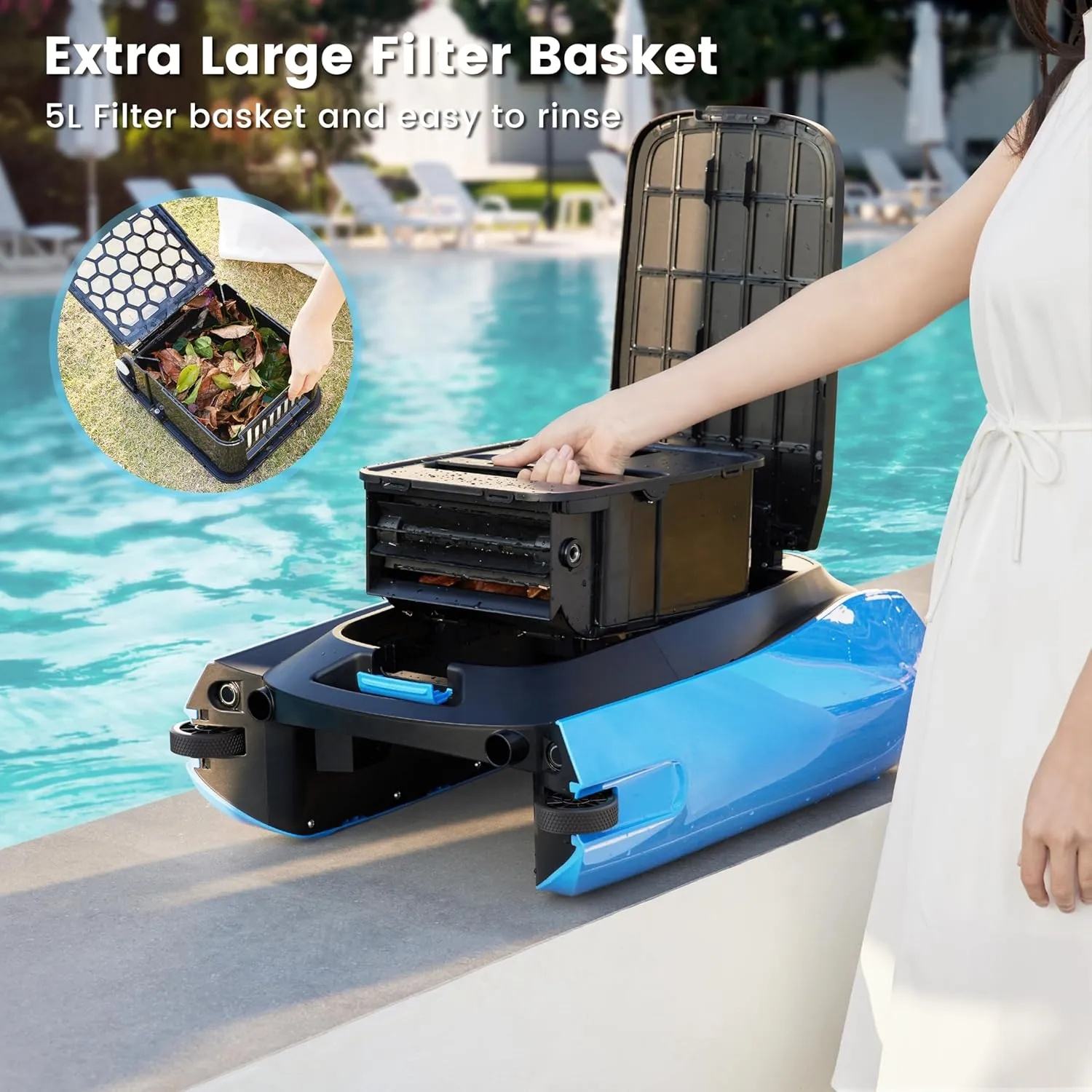 Robotic pool cleaner with extra large filter basket by a pool